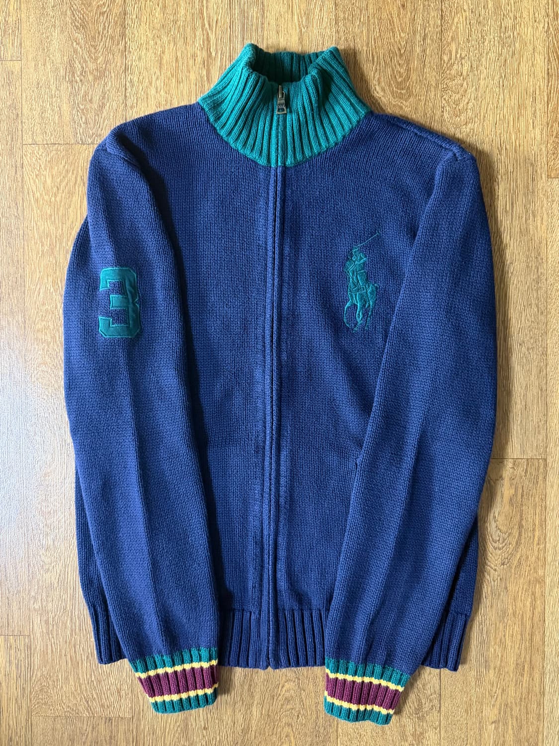 폴로 빅포니 3로고 딥네이비 그린 배색 니트집업 상품이미지1