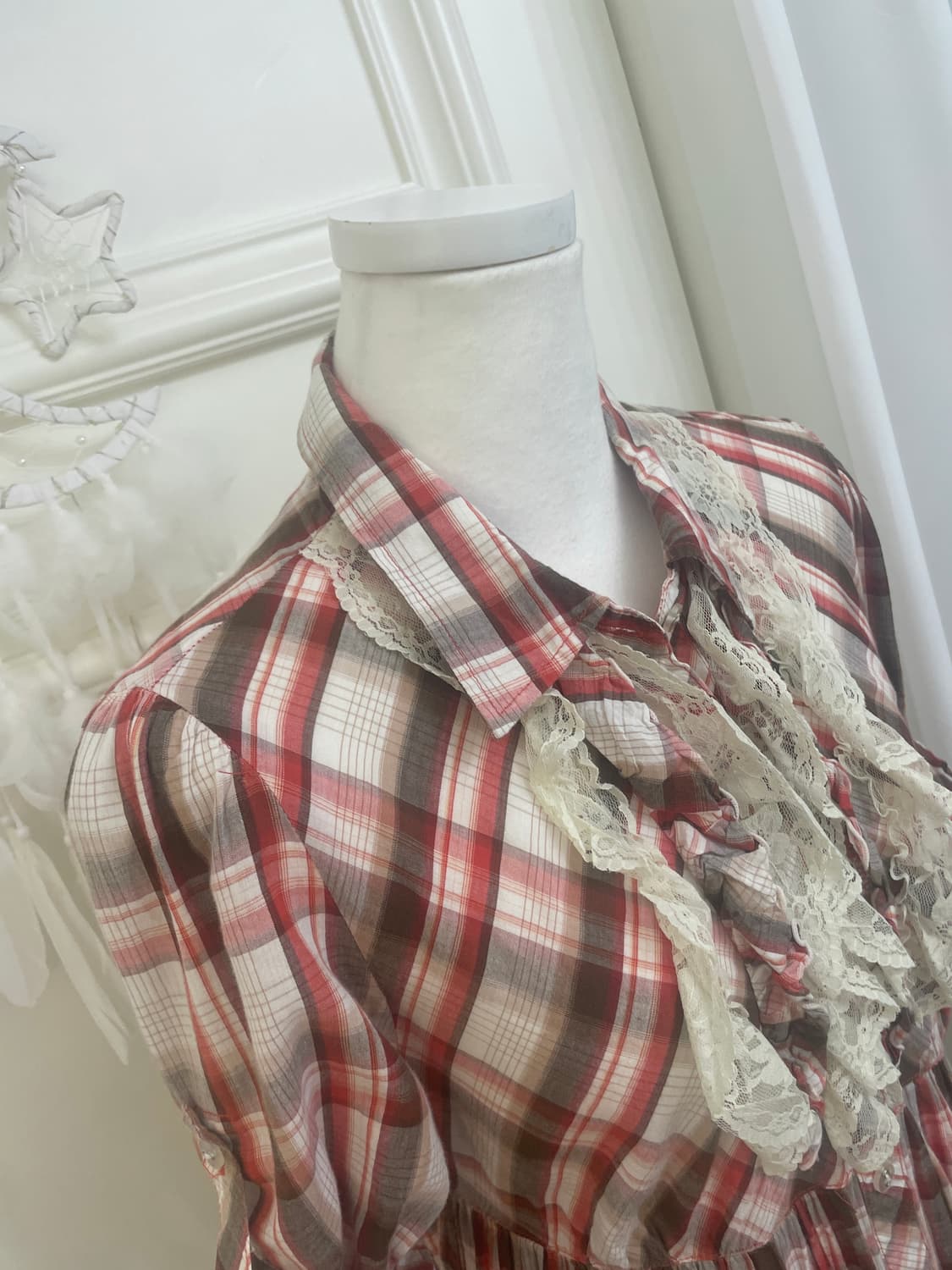 red brown check roll-up lace point midi 상품이미지9