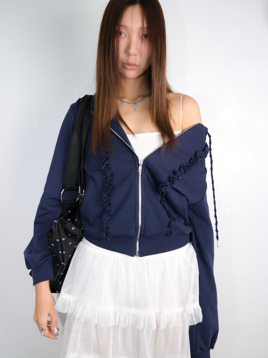 루즈슬립오버 프릴 로고 후드집업 네이비 상품이미지2