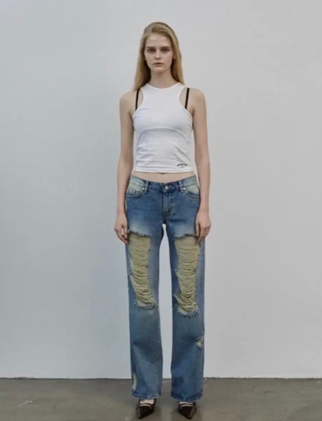 보헤미안서울 데미지 와이드 팬츠 데님 중청 청바지 보헴서 상품이미지1