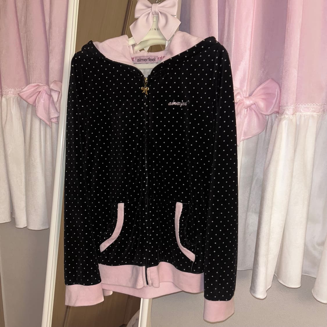 aimerfeel 블랙 핑크 도트 후드집업 갸루 로걀 히메 상품이미지1