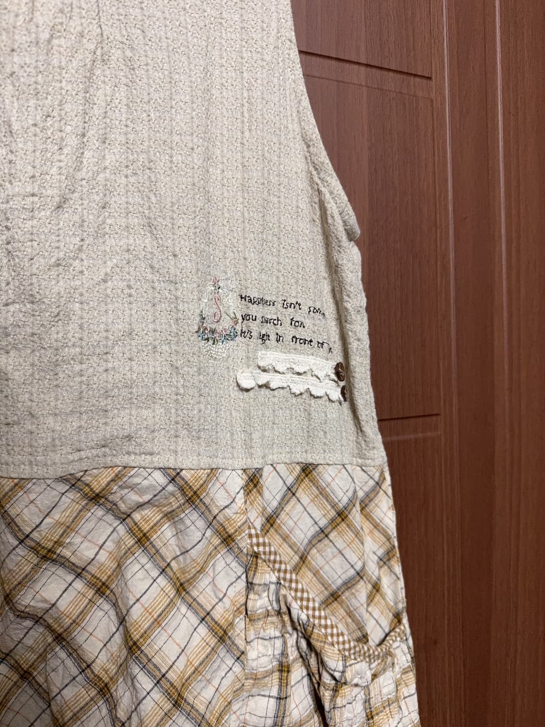 모리걸 하구미 일본 빈티지 옐로우 체크 레이스 자수 에이프런 앞치마 상품이미지4