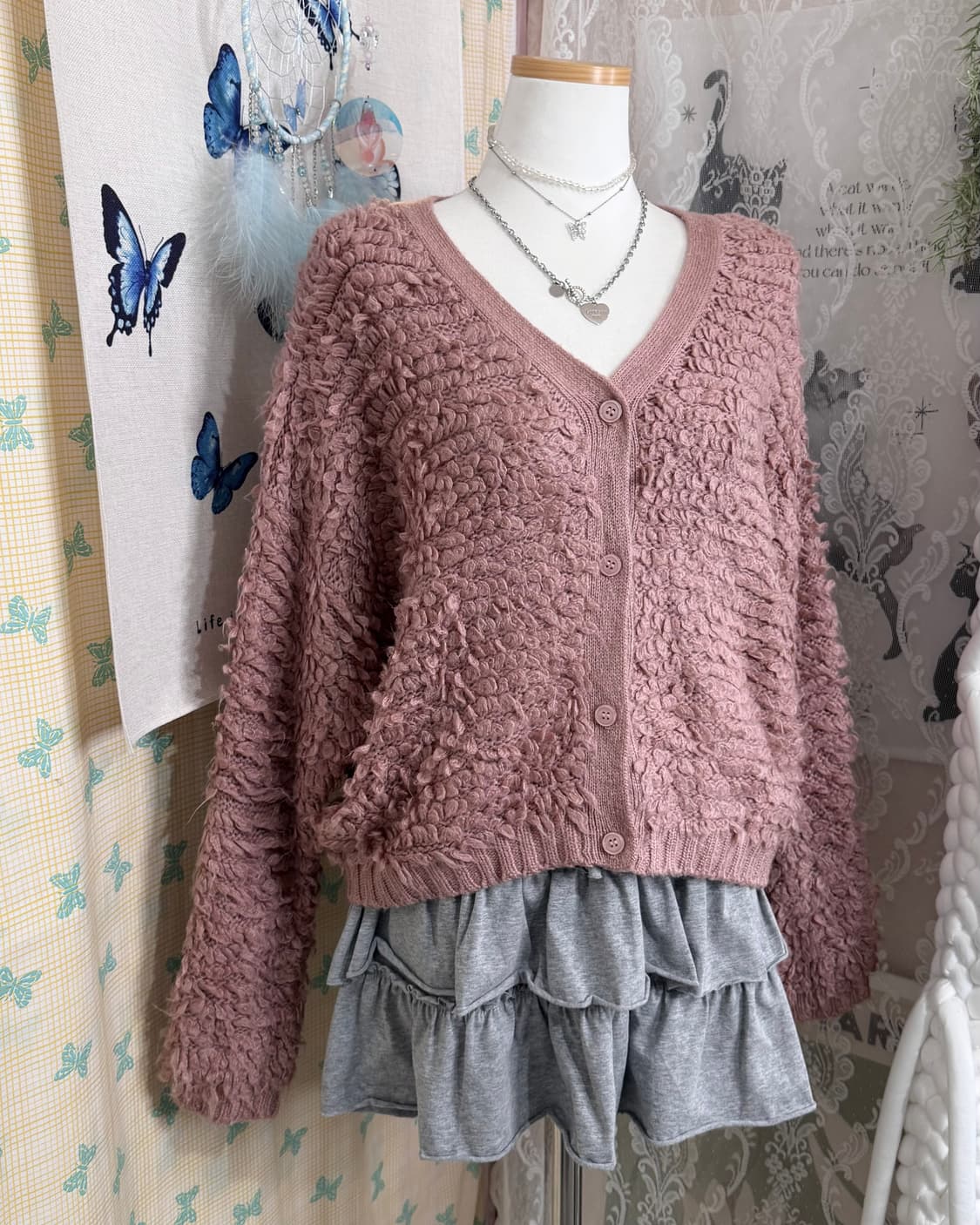 핑크 뽀글이 니트 가디건 상품이미지5