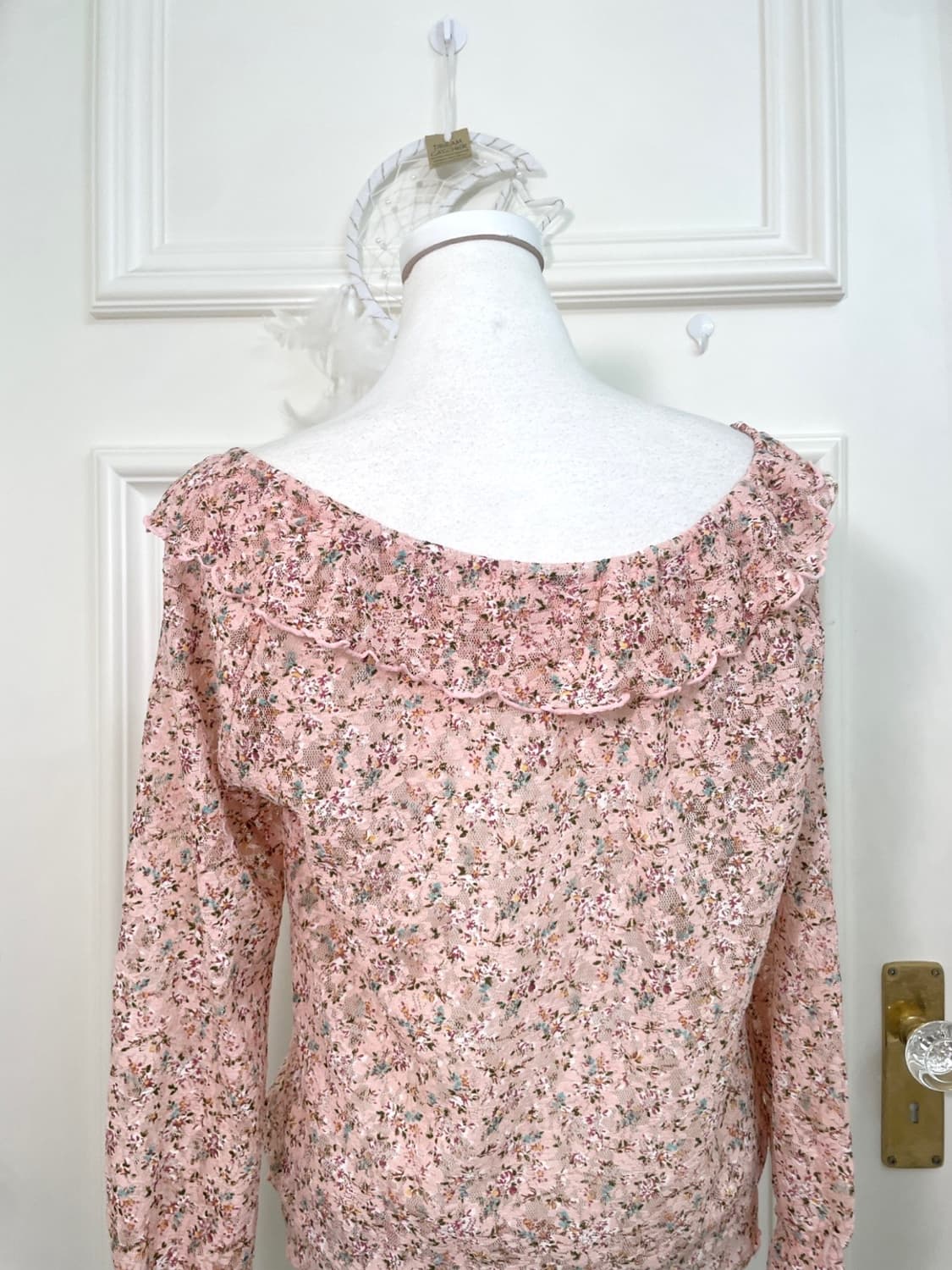 pink flower lace bow point spring blouse 상품이미지4