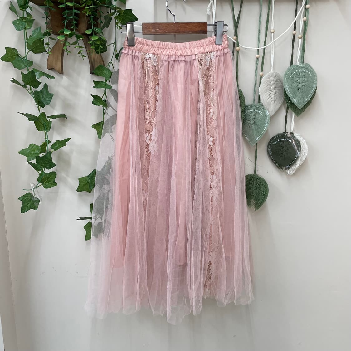 쉬폰 풀밴딩 핑크 레이스 샤 롱 스커트 상품이미지4