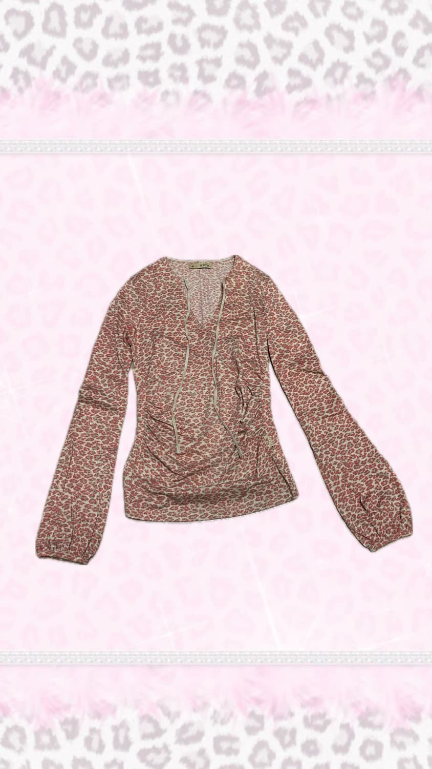 갸루무드 핑크 호피 셔링 브이넥 롱슬리브 상품이미지1