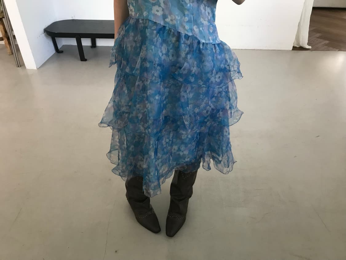 vintage blue pattern ruffle one-piece 상품이미지5