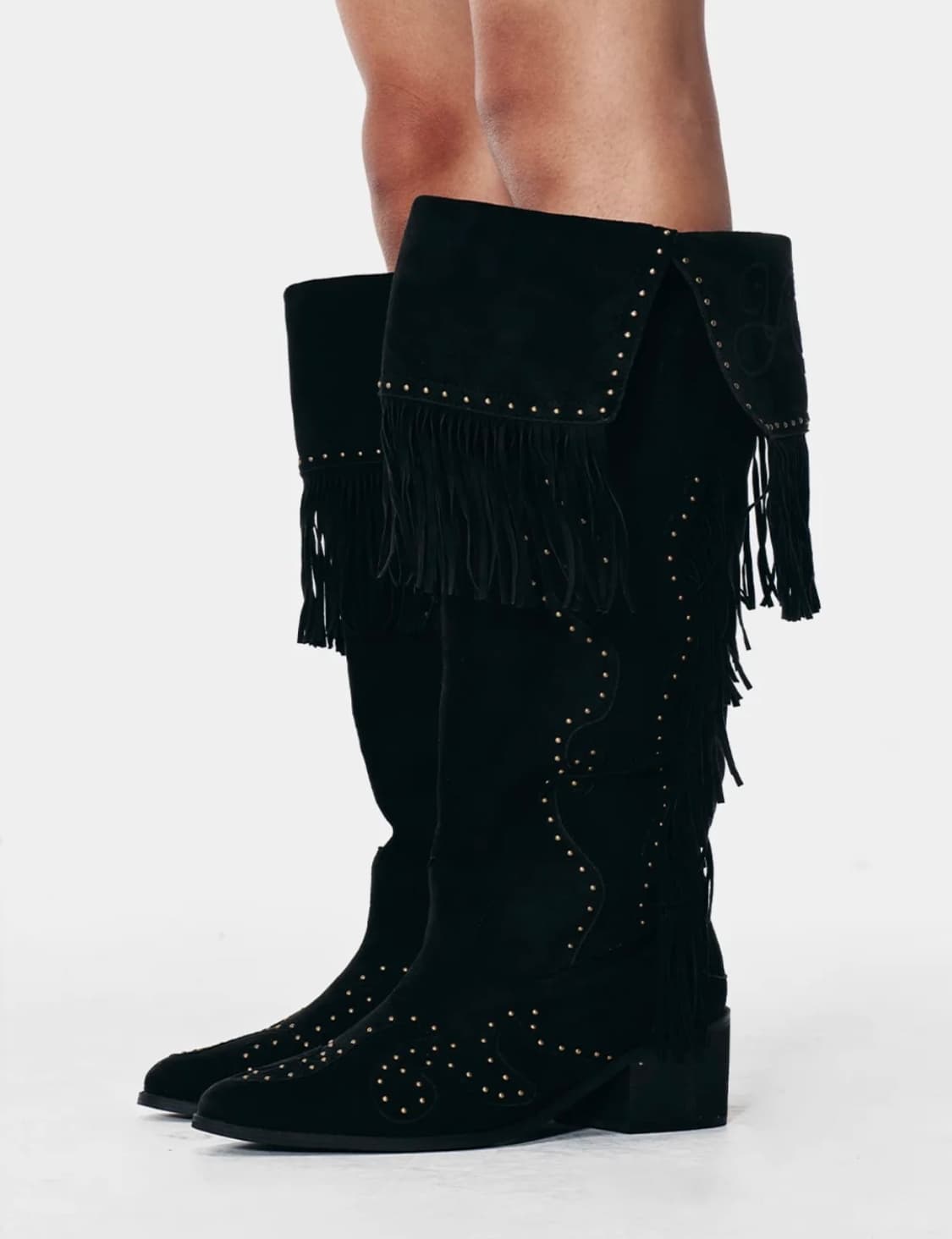 YEEL STUDDED SUEDE FRINGE BOOTS BLACK 상품이미지1