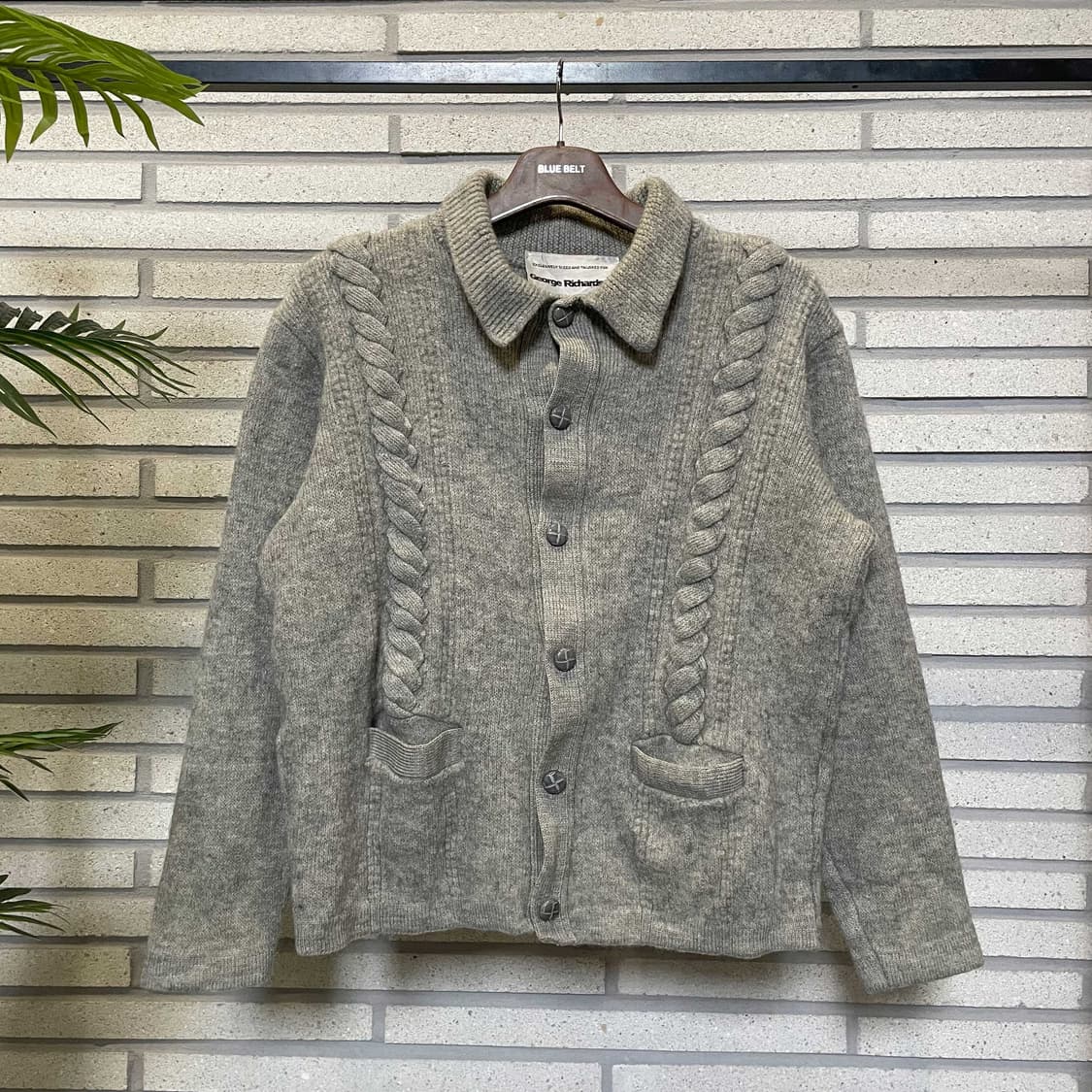 USA VINTAGE 꽈배기 니트 가디건 카라넥 투포켓 디테일 그레이 상품이미지2