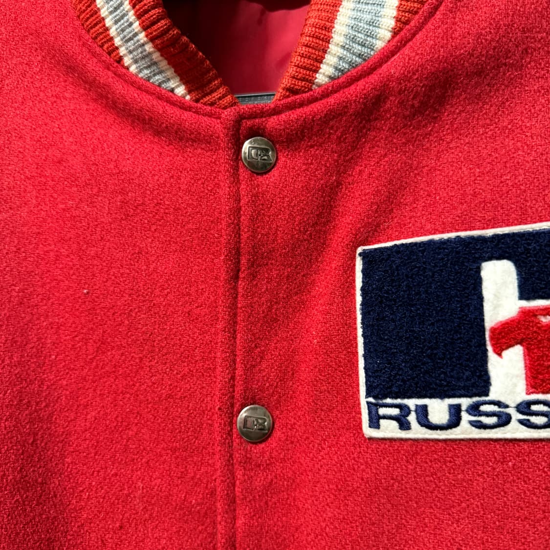 90s 러셀 올드스쿨 빅 패치 울 혼방 바시티 자켓 상품이미지5
