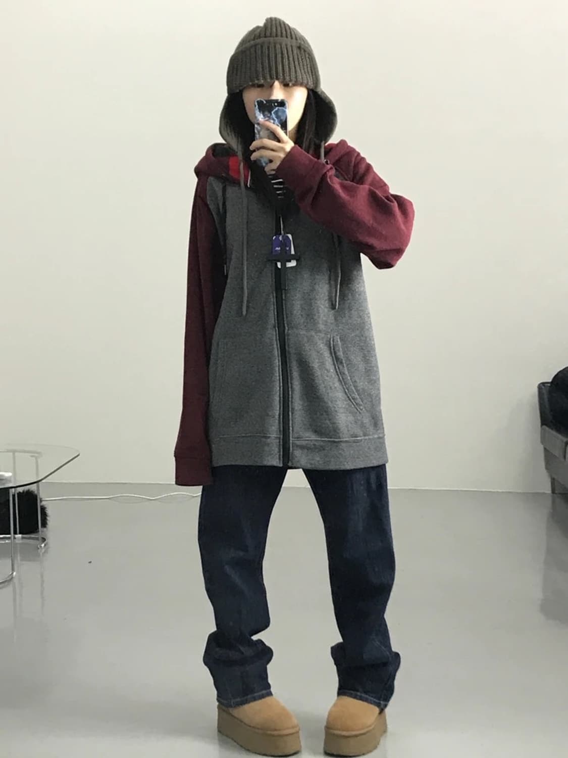 JPN 남색버건디 배색 기모 후드 집업 상품이미지1