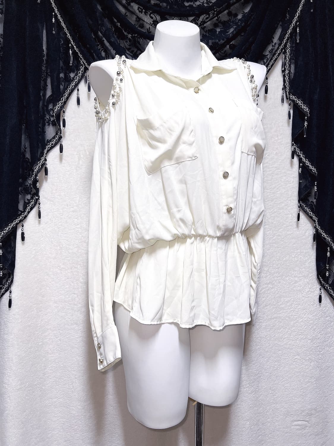 잉그니 진주 숄더트임 쉬폰블라우스 셔츠 튜닉 로맨틱갸루 히메 로걀탑 핀터 상품이미지2