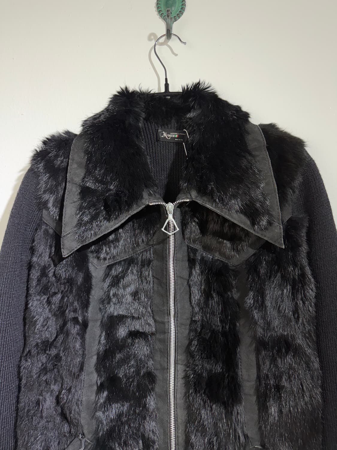 70s 이태리 메이드 퍼&레더 믹스드 니트 집업 상품이미지2