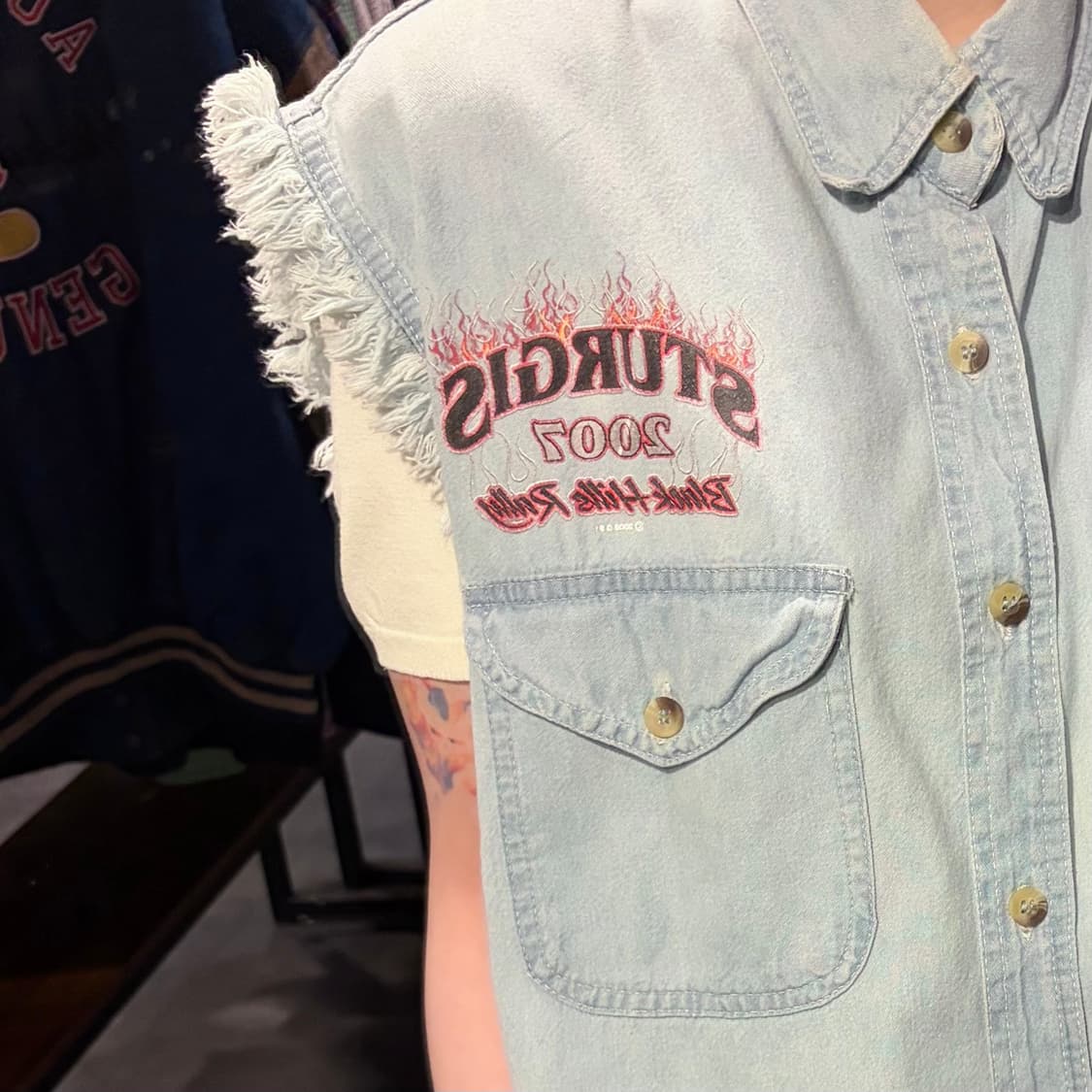 [IM]vtg 바이커 프린팅 컷오프 데님 베스트 연청 상품이미지8