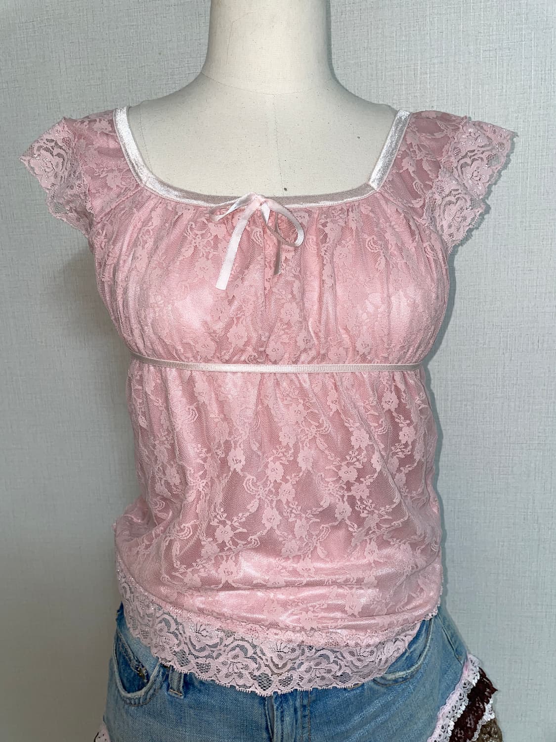 핑크 레이스 리본 탑 갸루 히메 상품이미지2