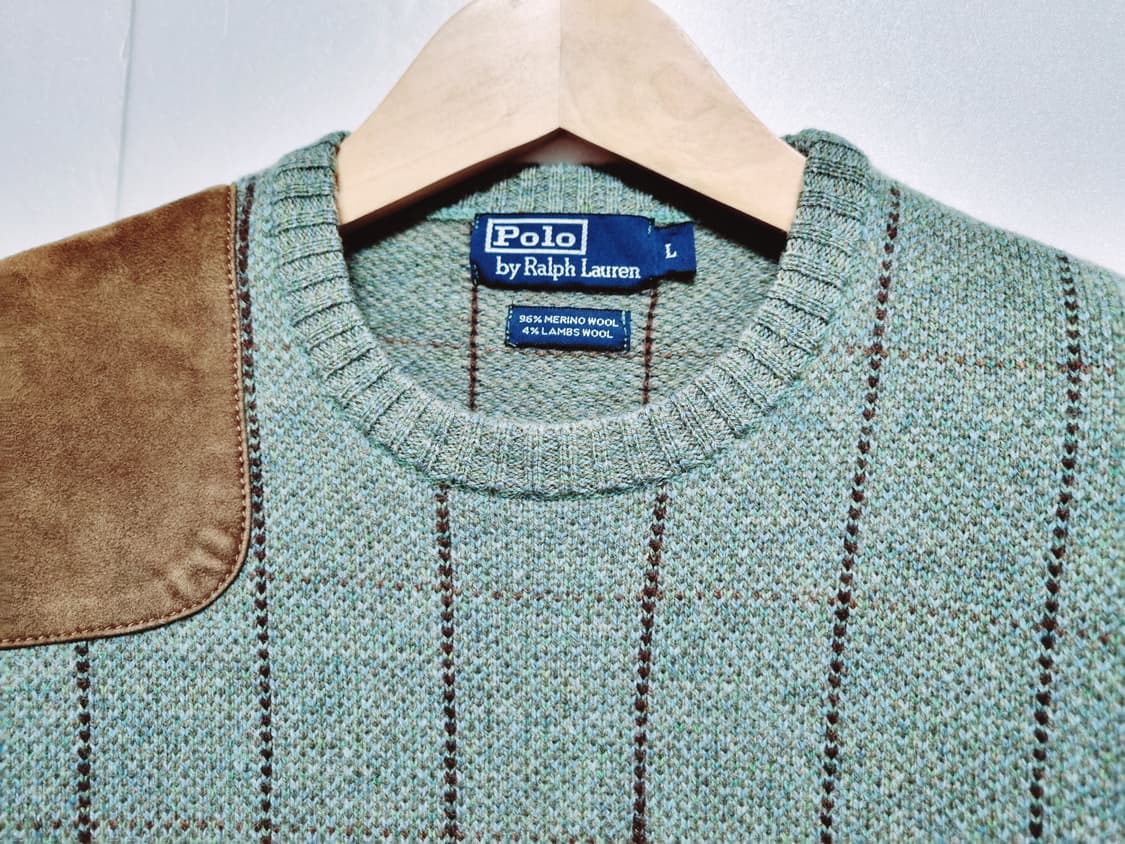 남성 레어 폴로 메리노 램스 울 WOOL 모 양모 레더 가죽 패치 니트 상품이미지4