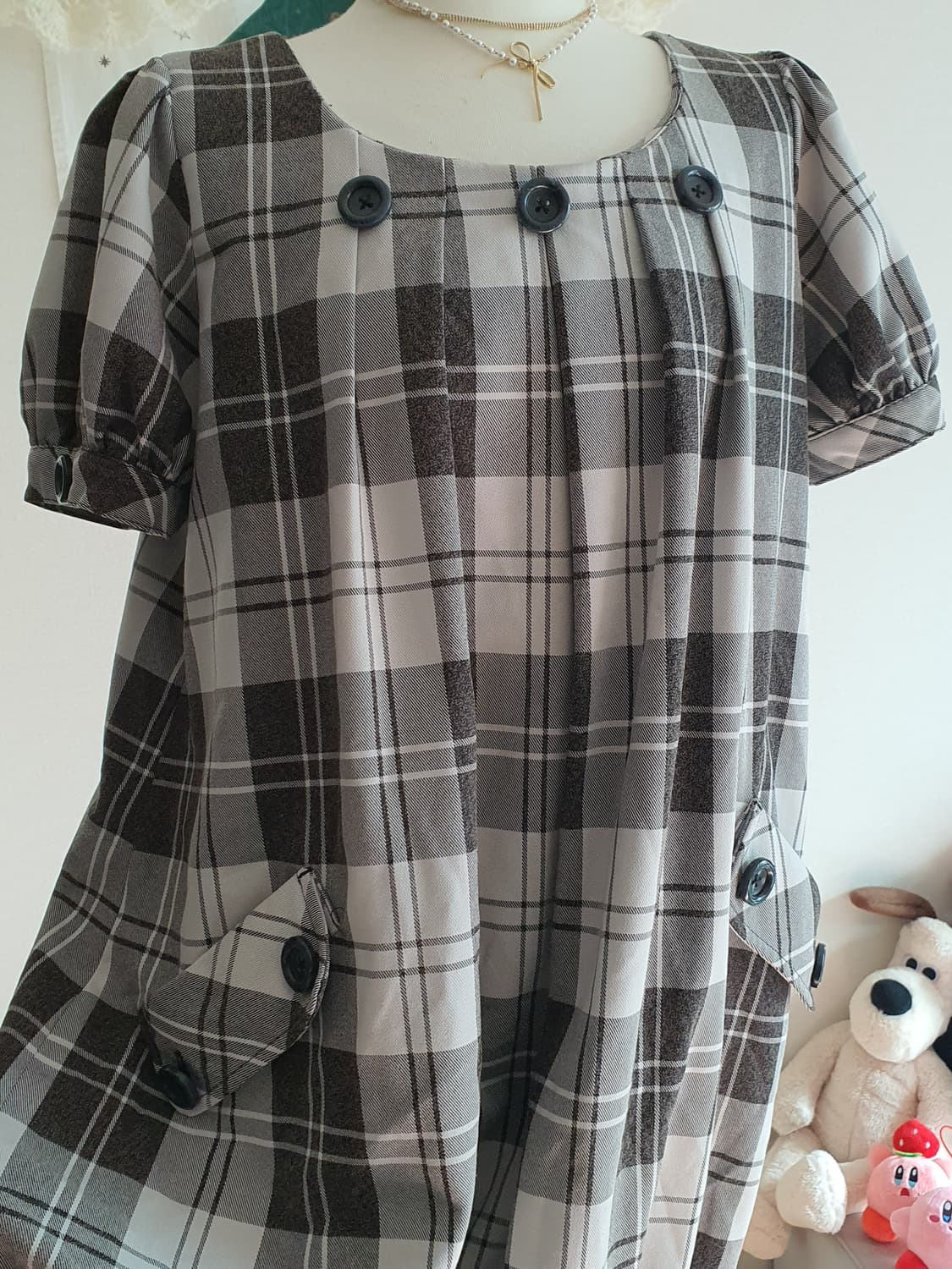 [모리걸] 체크무늬 반팔 벌룬 원피스 상품이미지2