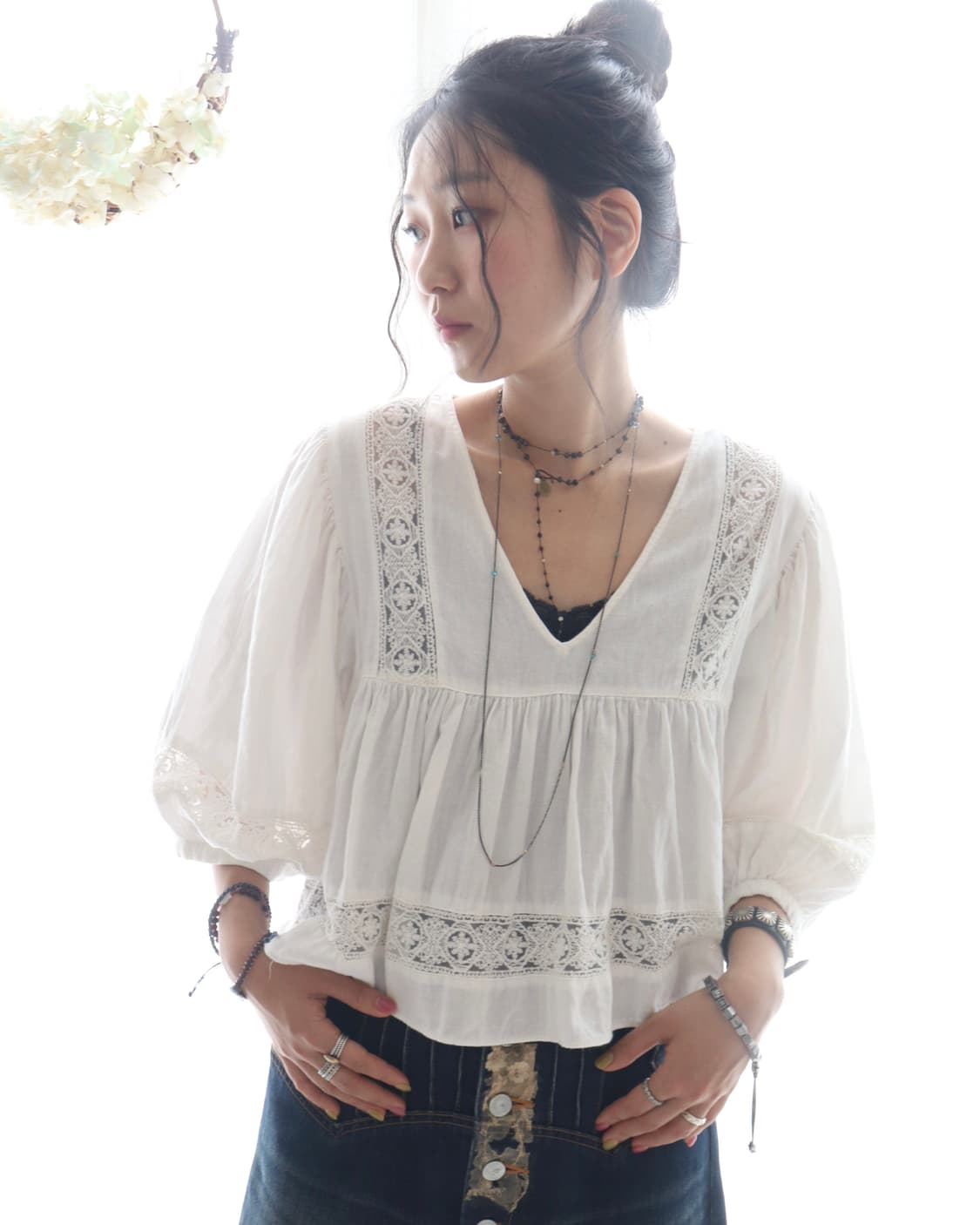 Vintage Lace Puff Cotton Blouse 상품이미지1