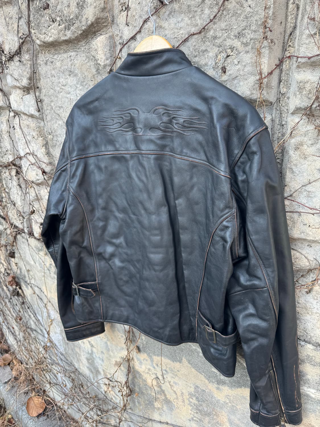 80~90s 윈드아머 입체 플레임 문양 빈티지 소가죽 싱글라이더 자켓 상품이미지4