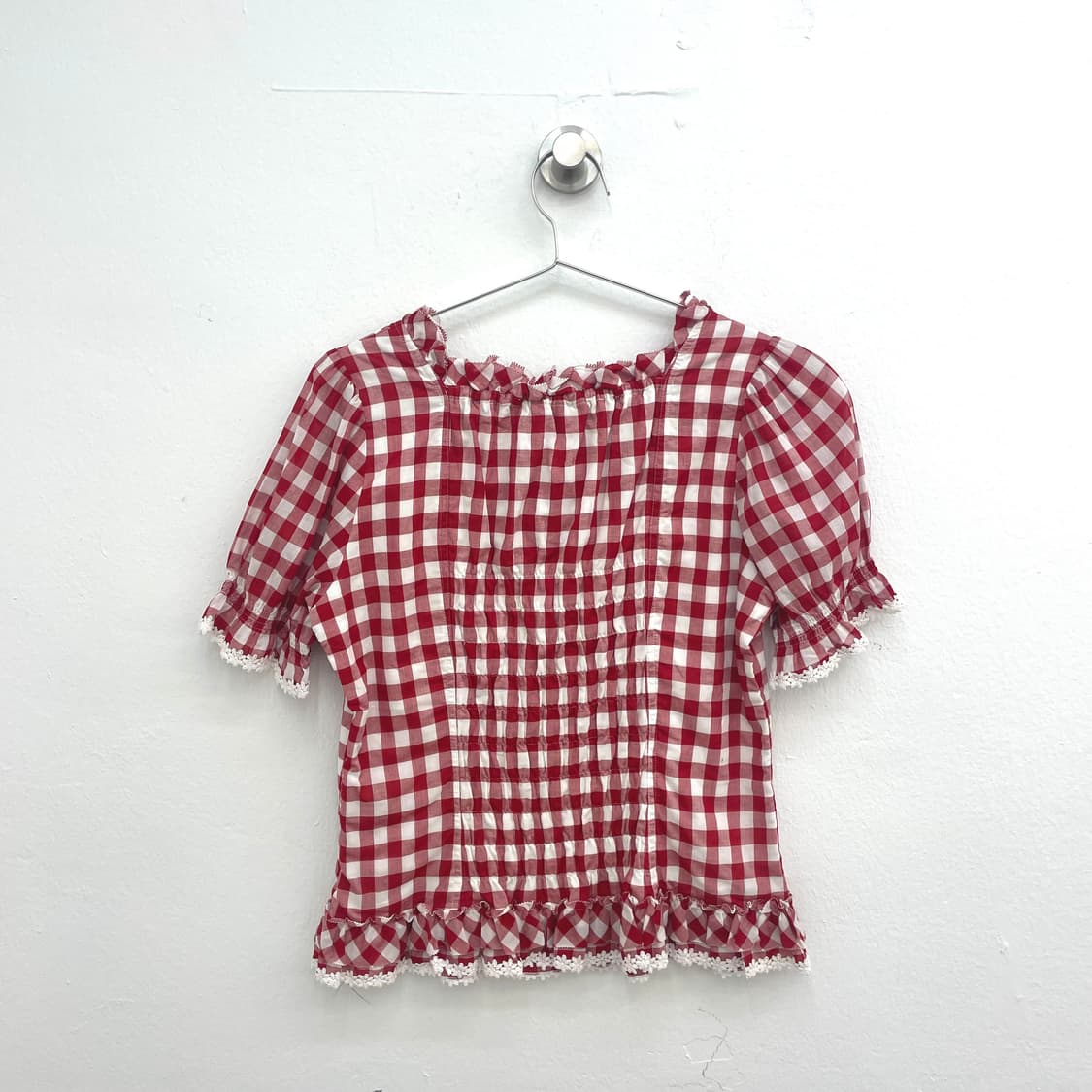 Pink House red gingham lace-up blouse 상품이미지2