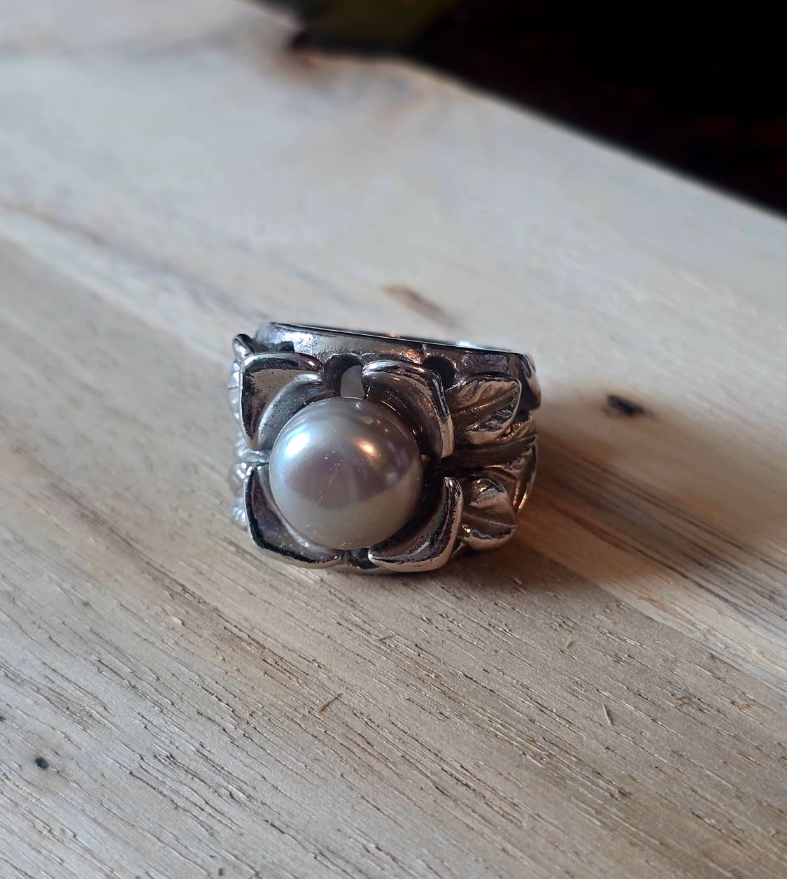 빈티지 실버 나뭇잎 모티브 진주 반지 상품이미지1