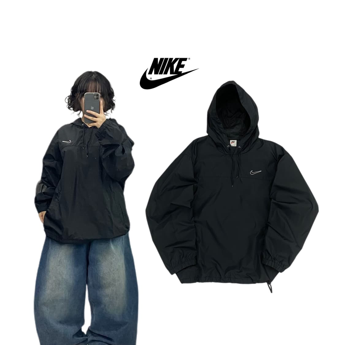 나이키 90s 스우시 후드 올드스쿨 웜업 바람막이 블랙  상품이미지1