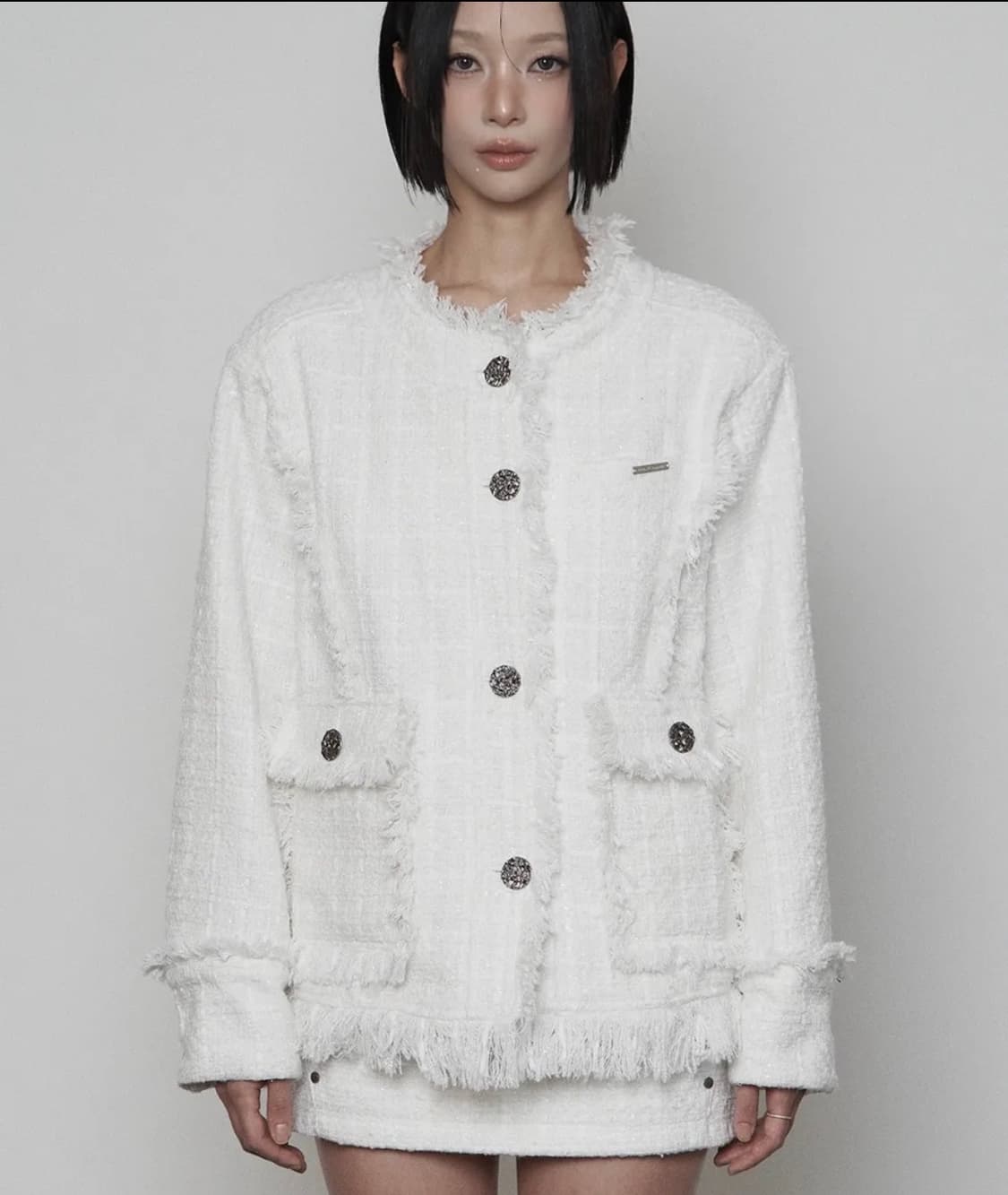 에트오소메 백벨트 포켓 오버핏 트위드 자켓 화이트  상품이미지1