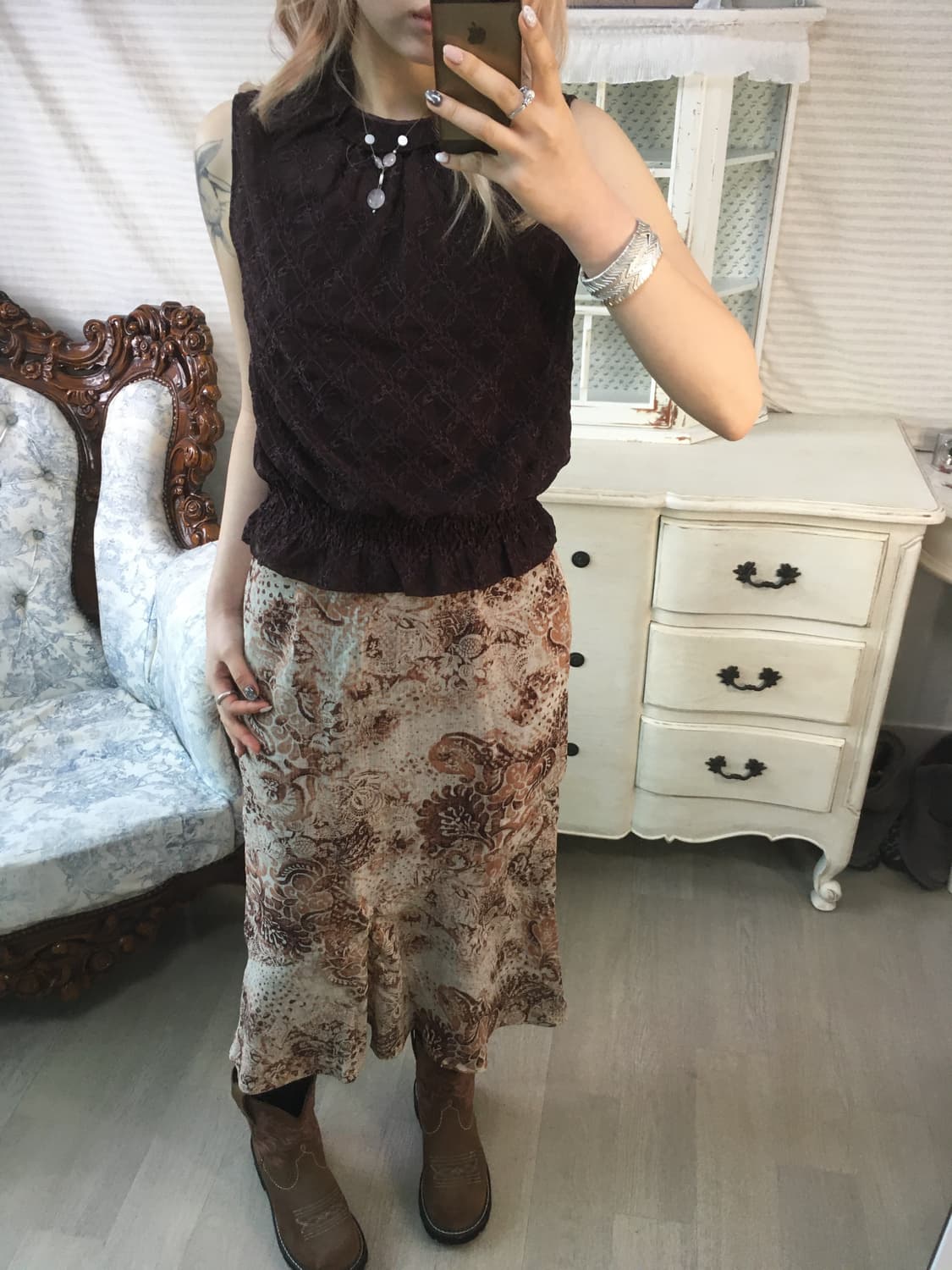 oriental brown pattern frill long skirt 상품이미지4