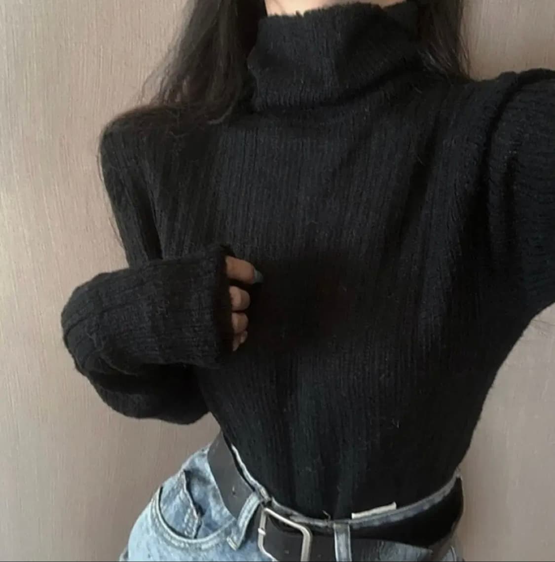 하이넥 터틀 폴라 시스루 니트탑 (블랙,검정) 상품이미지2
