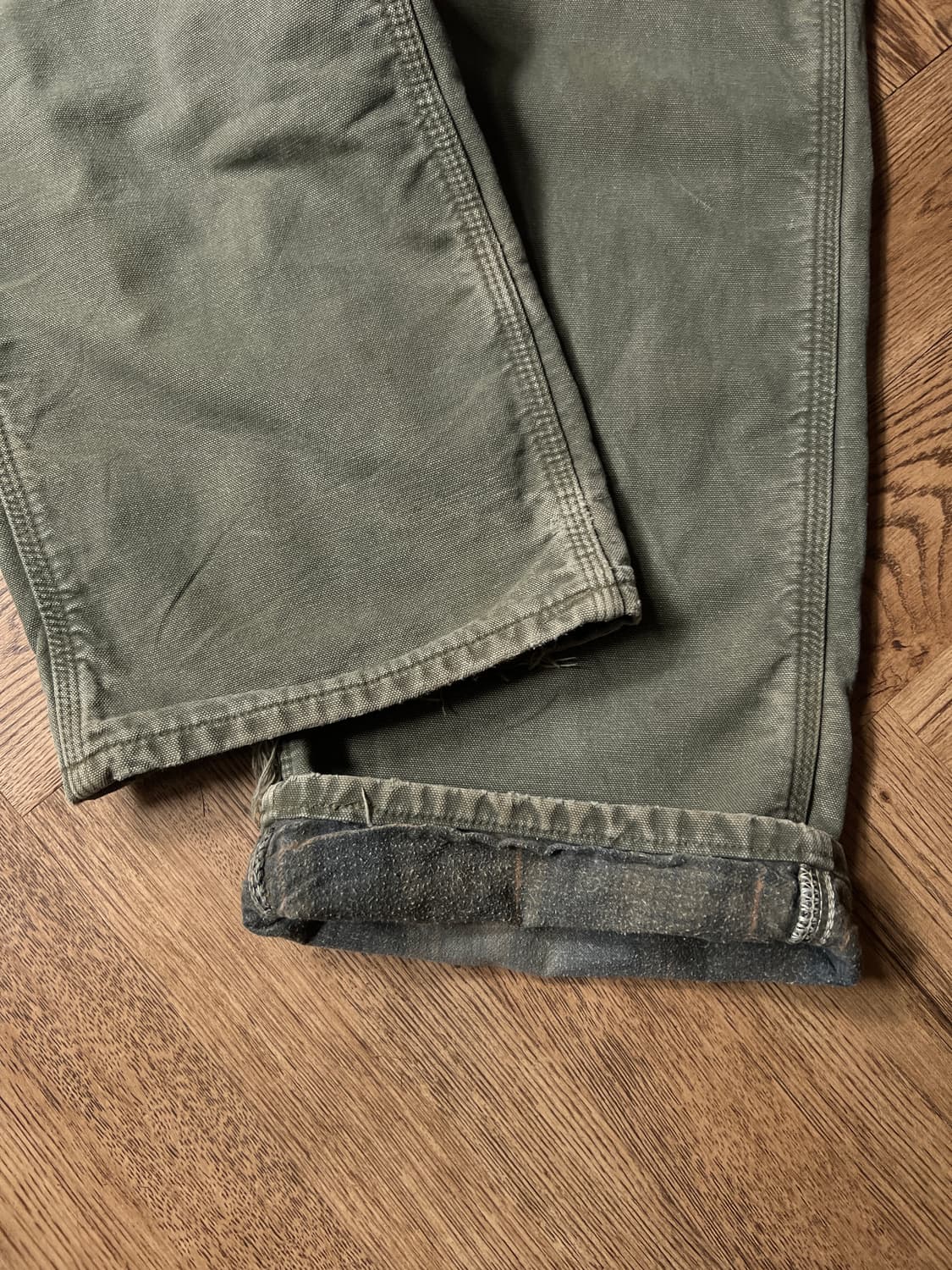 [36]칼하트 USAMade 더티워싱 모스그린 싱글니 체크라이닝 워크팬츠 상품이미지5