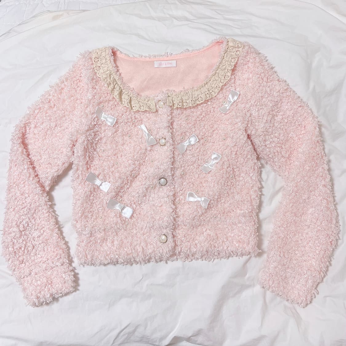 리즈리사 뽀글이 리본 니트 가디건 히메갸루 로걀 라떼갸루 핑크 빈티지 상품이미지1