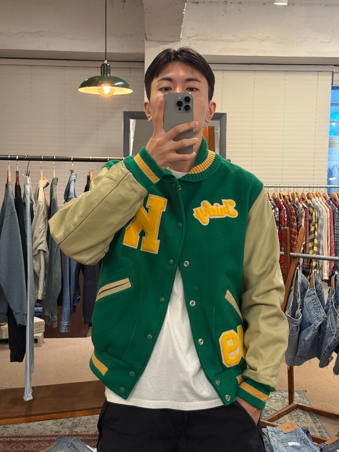 (L) Dehen 데헨 Leather Arm Varsity Jacket 상품이미지1