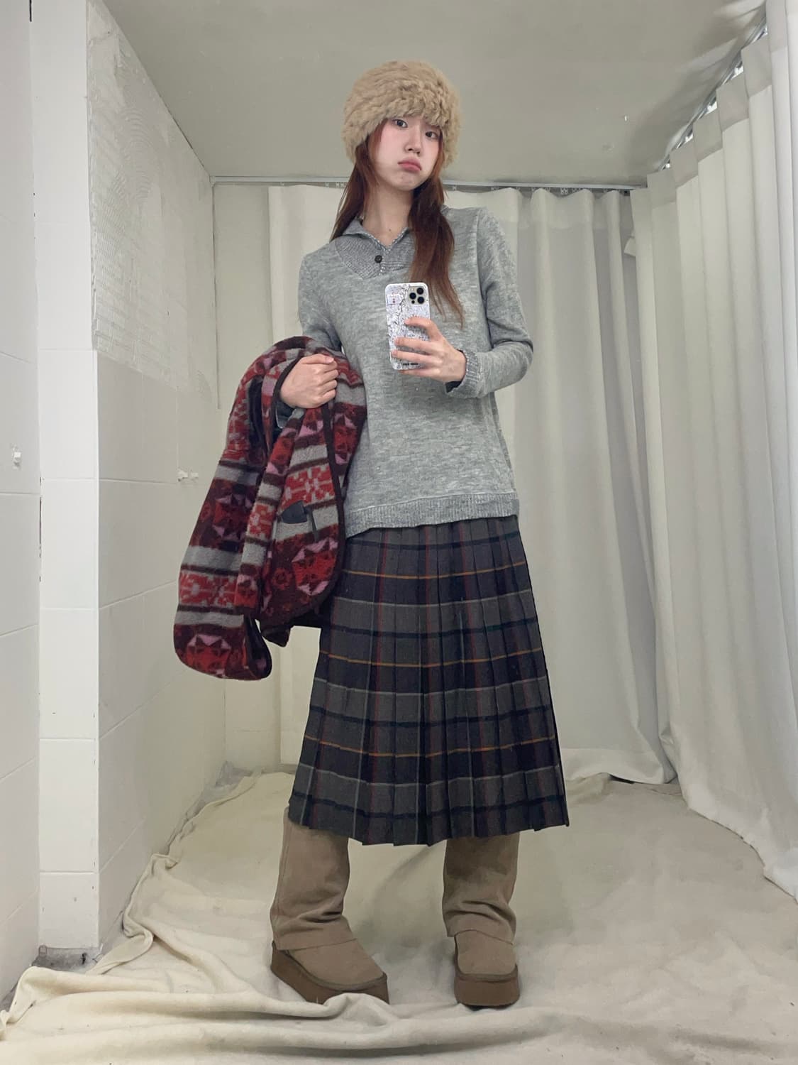 빈티지 레드 그레이 데일리 노르딕 소녀 코디 세트 상품이미지3