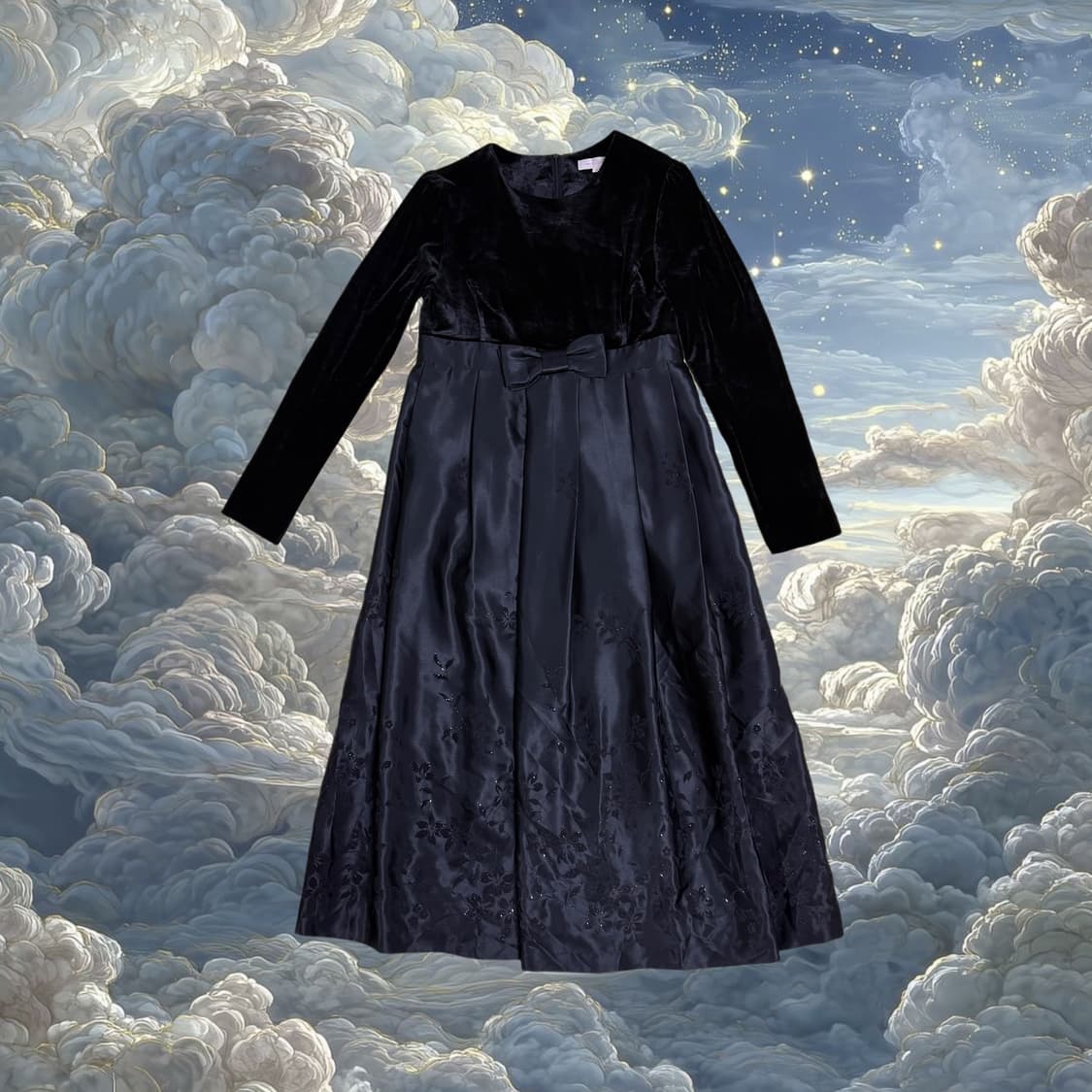 빈티지 벨벳 리본 블랙 원피스 상품이미지1