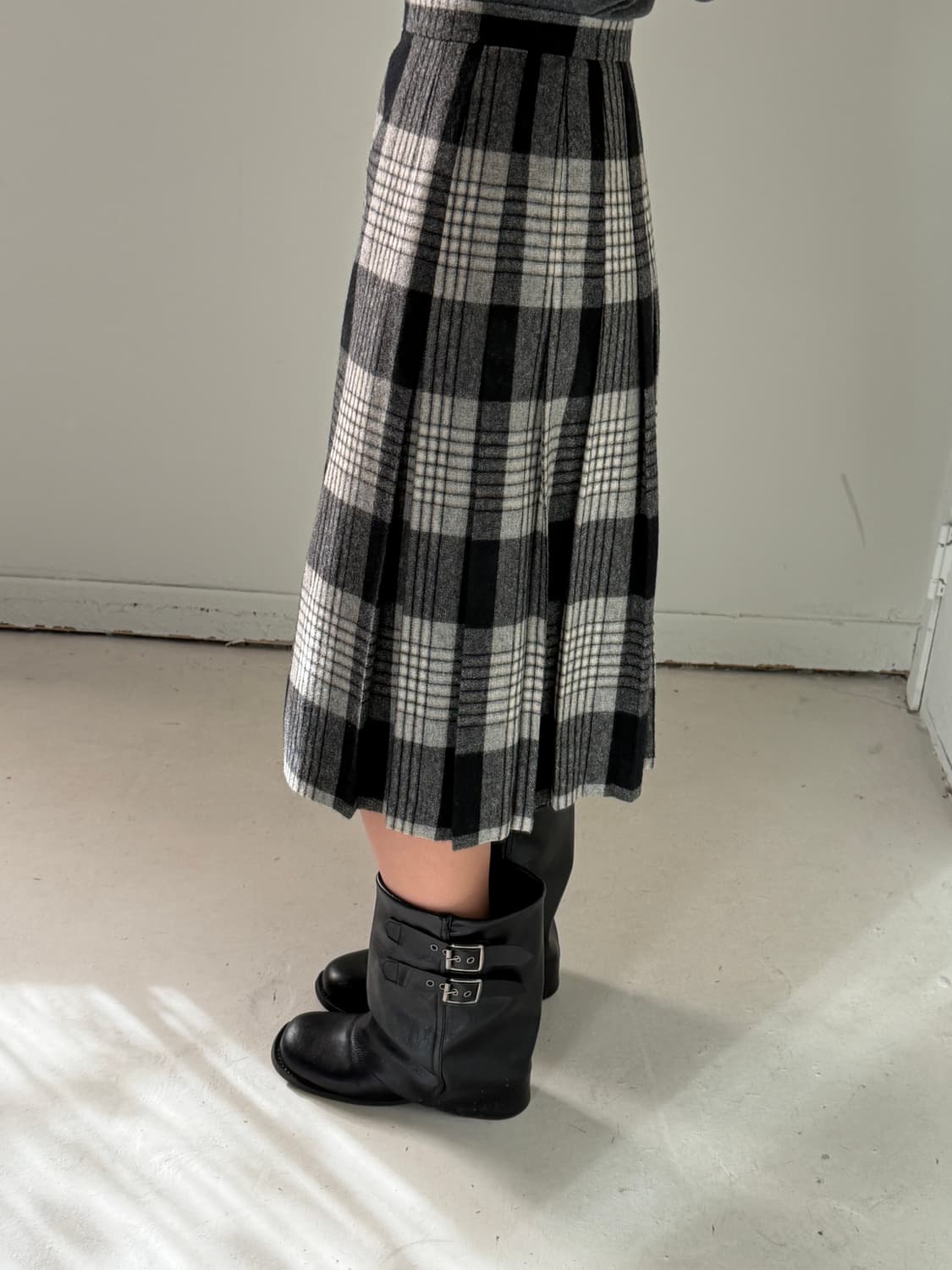 일본빈티지 체크 플리츠 울 미디스커트 상품이미지3