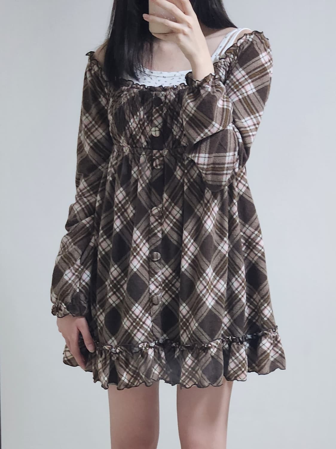 리즈리사 딸기 초코 오프숄더 아가일 체크 원피스 히메카지 상품이미지2