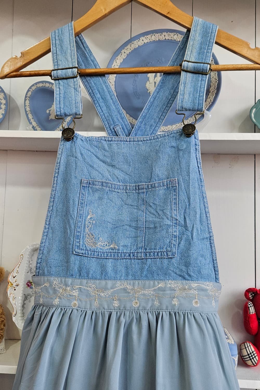 (Axes Femme) 하늘빛 데님 쉬폰 멜빵 롱원피스 상품이미지3