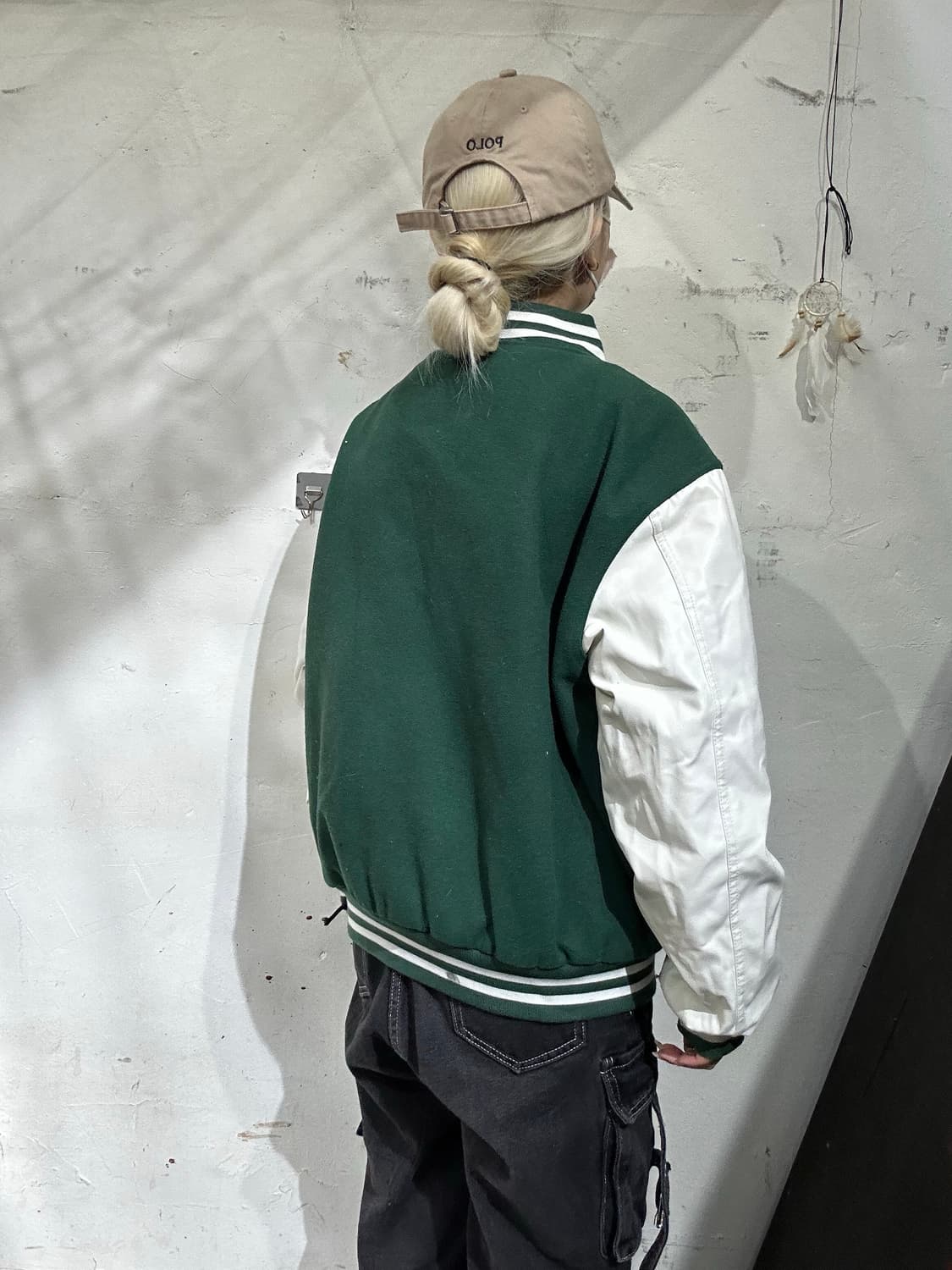 빈티지 그린 화이트 오버핏 바시티 자켓 M 상품이미지3