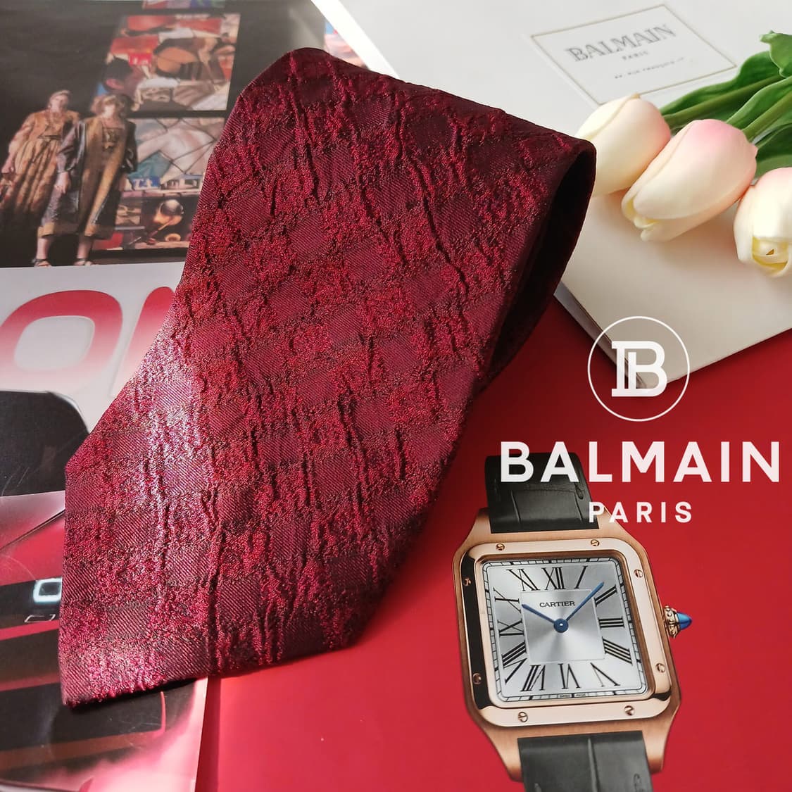 발망 실크 버건디 자카드 패턴 넥타이 9.8cm A+~A등급 A18967 상품이미지1