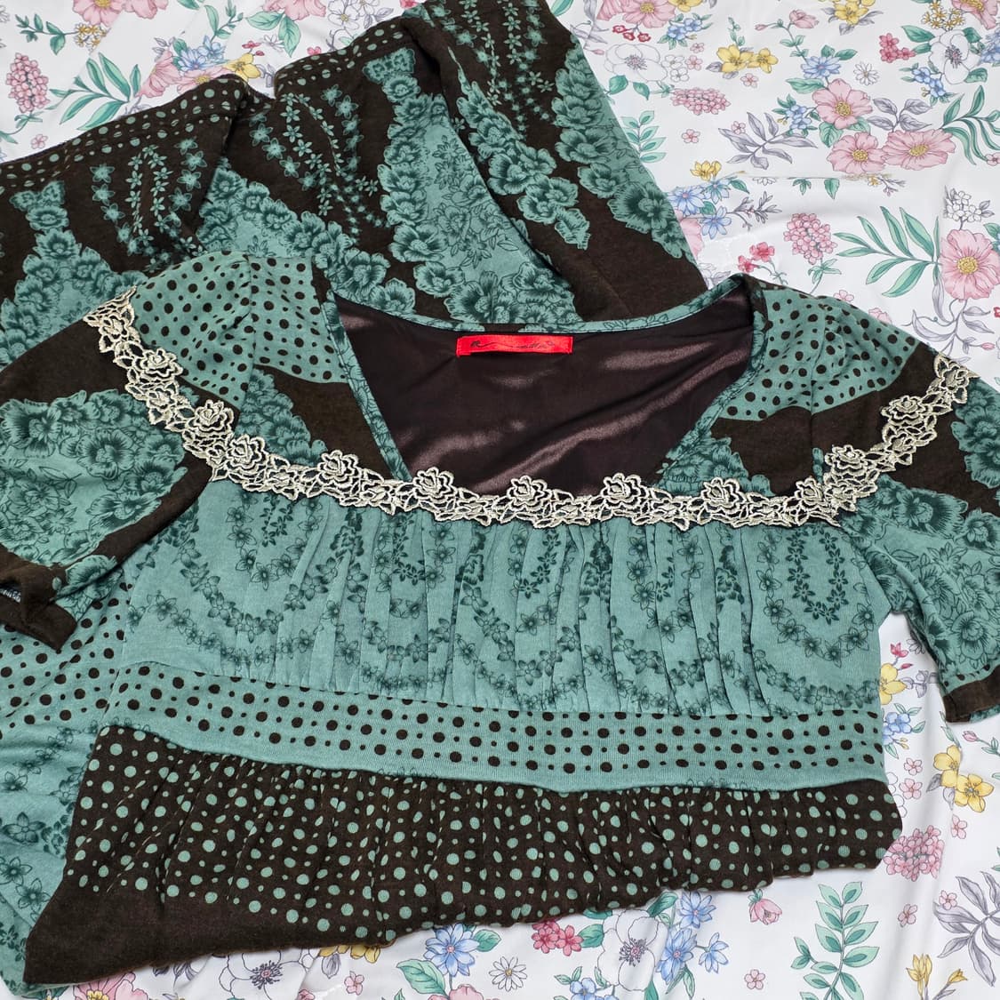 일본빈티지)스즈코모리걸 민트초코라떼갸루 레이스 에스닉 퍼프 로걀원피스 상품이미지3