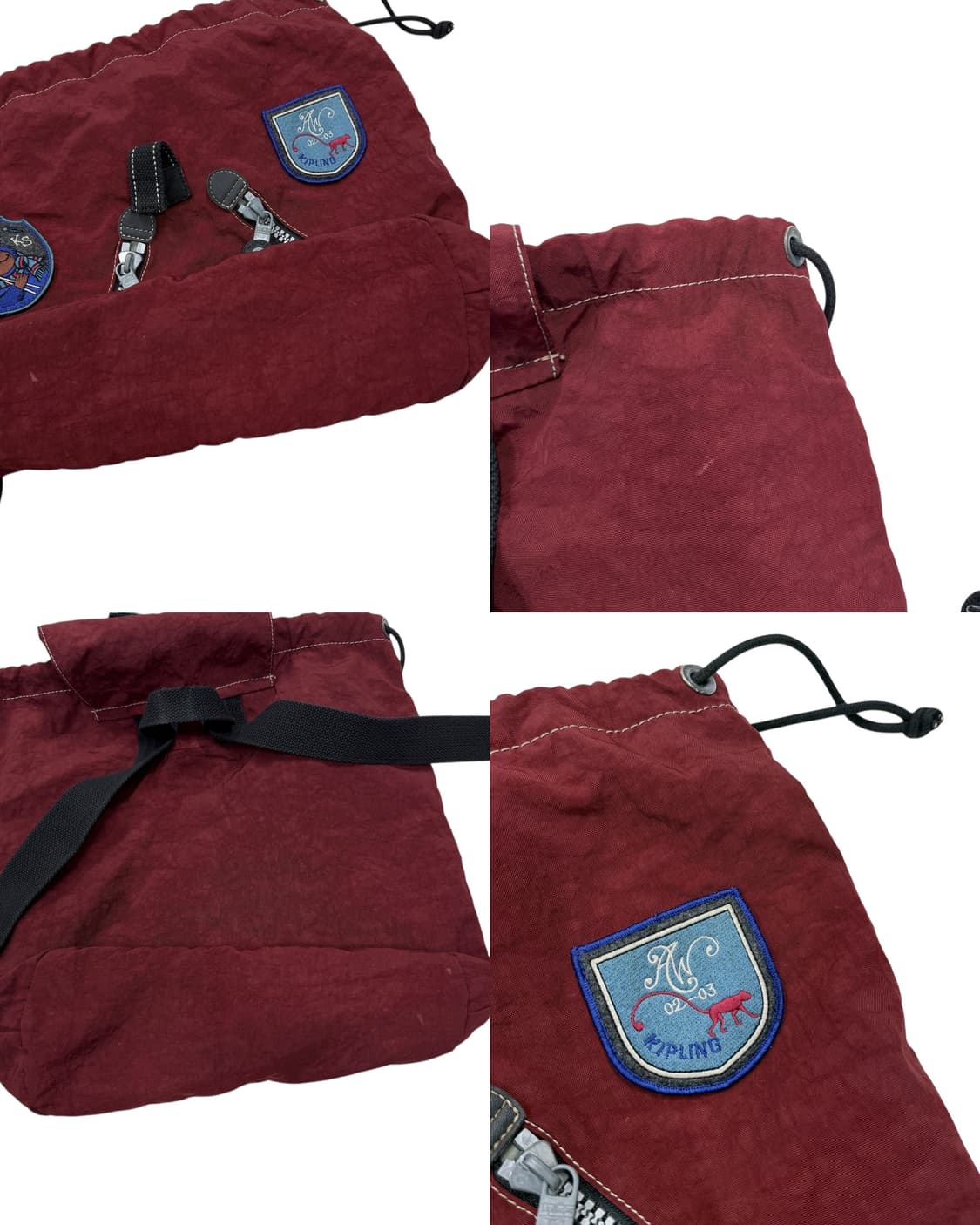 키플링 빈티지 희귀 Y2K 패치워크 복조리 드로우 백팩 가방 버건디 레드 상품이미지6