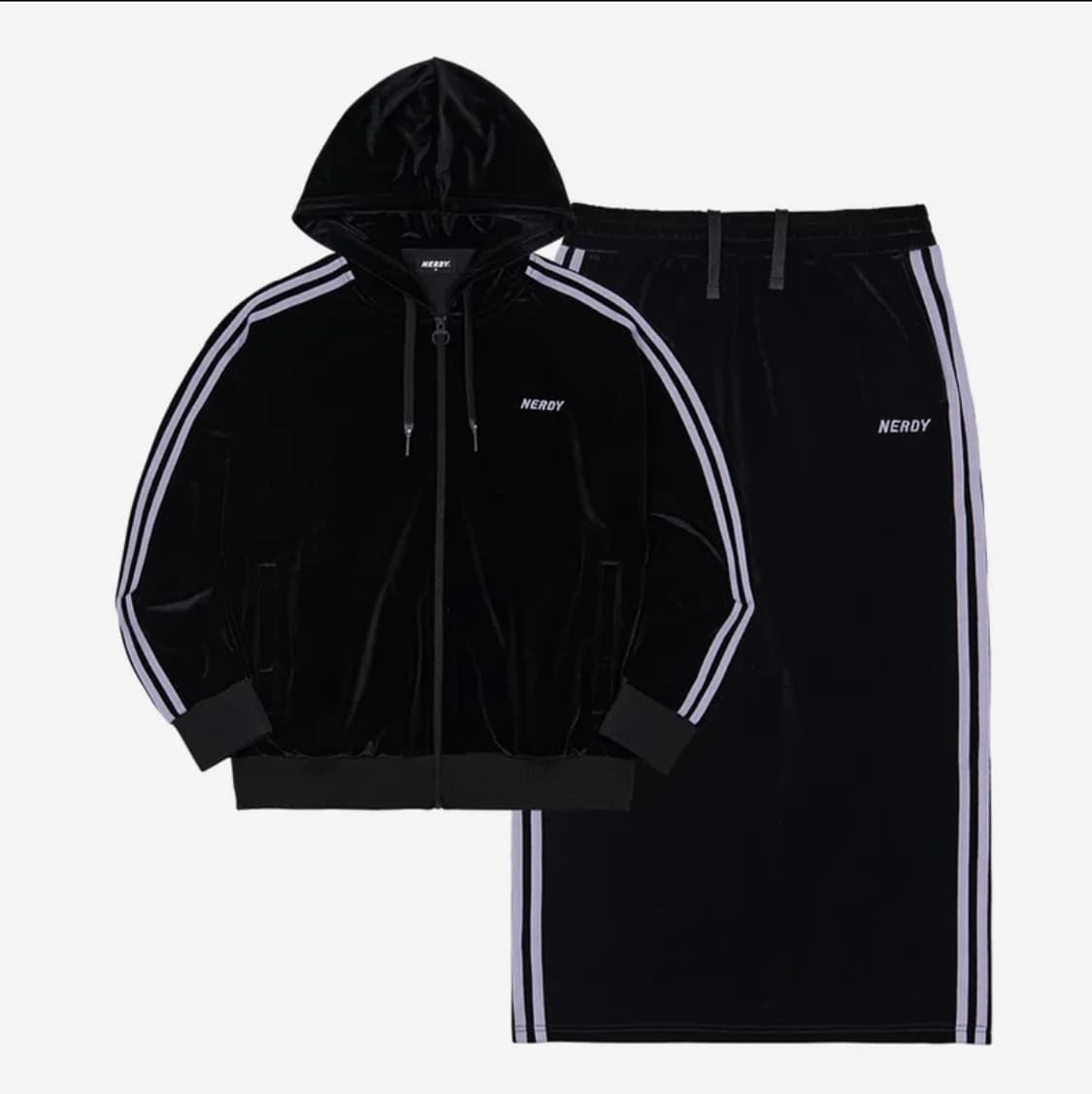 널디 벨벳 후드집업 스커트 세트 블랙 M 트레이닝 셋업 상품이미지1