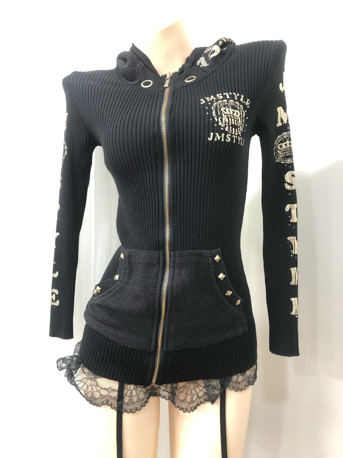 JM style gold logo stud punk hood zip up 상품이미지6