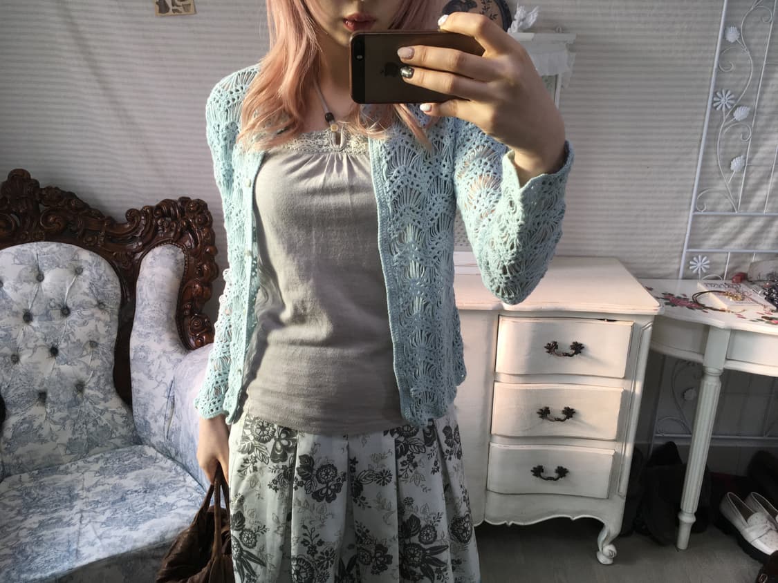 Set)페일블루 크로셰 뜨개 가디건 + 모리 홀터 나시 상품이미지4