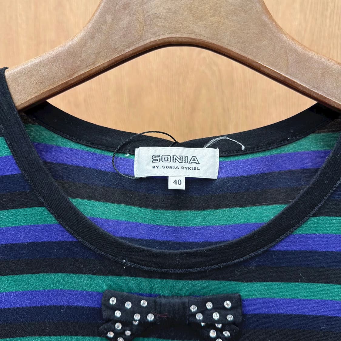 소니아 리키엘 반팔 스트라이프 티셔츠 스팽글 리본 장식 디테일 그린 블루 상품이미지7