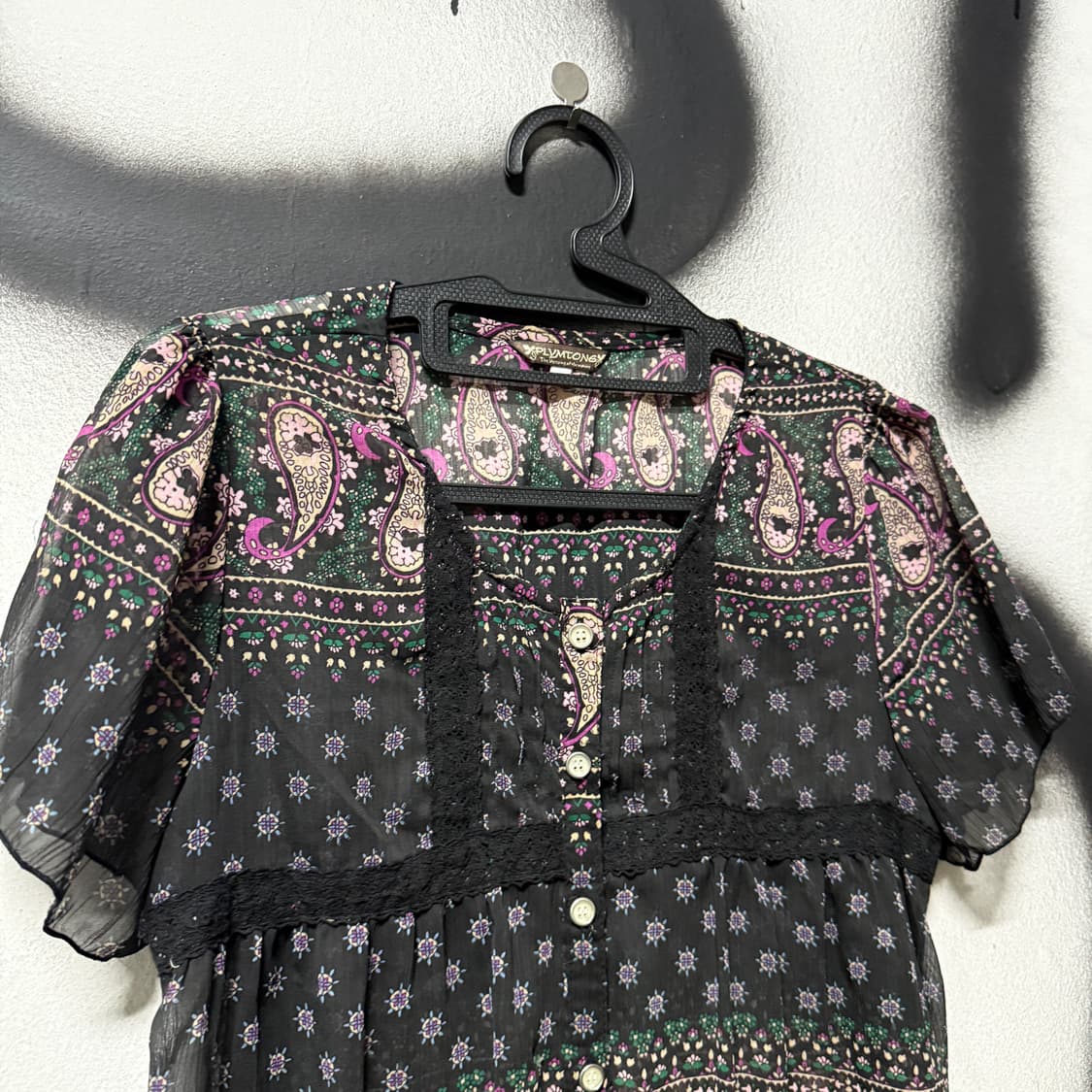 VTG 빈티지 블랙 모리 패턴 시스루 롱 반팔 블라우스 상품이미지3