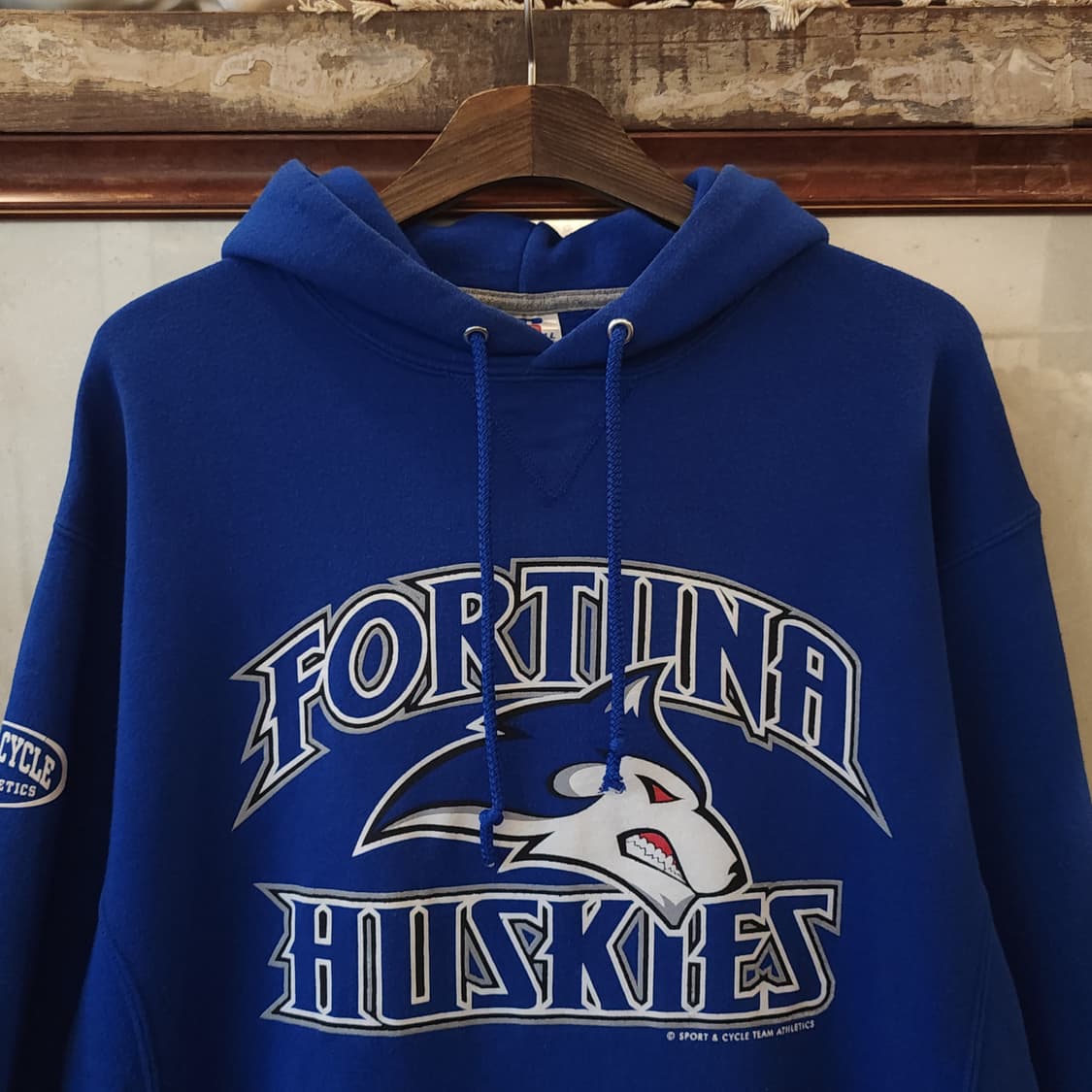 90s 러셀 후드 스웻셔츠 포튜나 허스키스 빈티지 프린팅 블루 L 상품이미지3