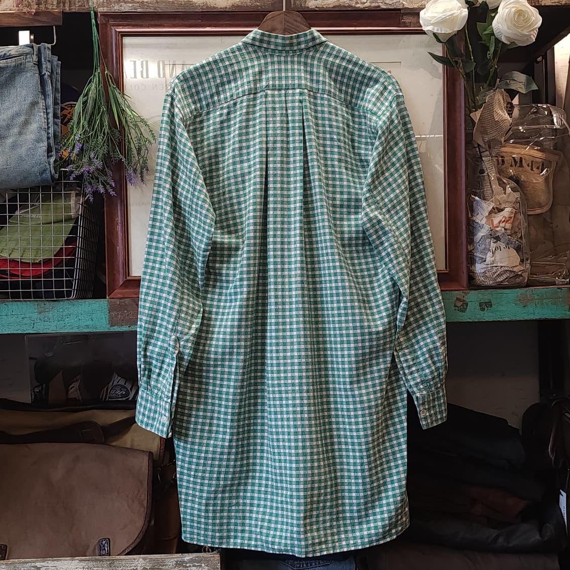 60s 프랑스 워크셔츠 가드너 빈티지 셔츠 그린 체크 롱 튜닉 셔츠 L 상품이미지4