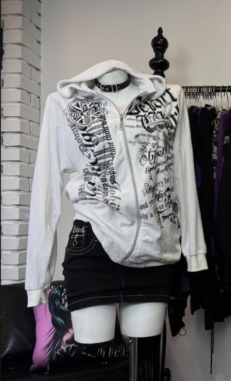 빈티지 펑크 화이트 벨벳 후드집업 상품이미지1