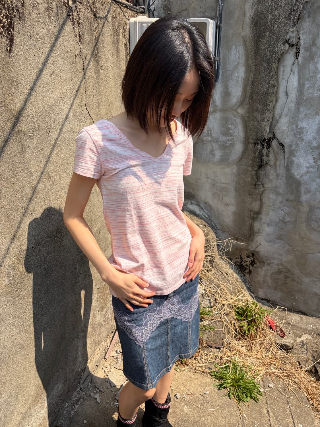 Tommy Hilfiger 핑크 슬럽 브이넥 반팔티 상품이미지1